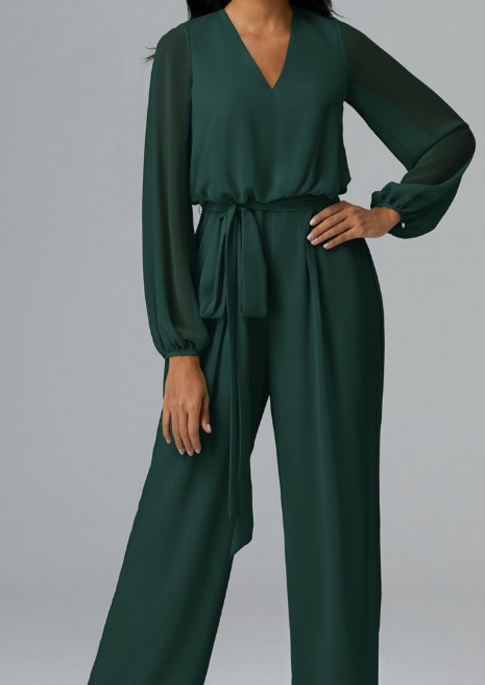 AW BRIDAL SZ 10 L Dark Emerald Long Sleeve Formal Belted Wide Leg Jumpsuit B49